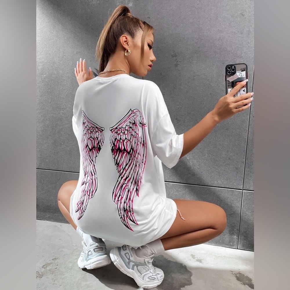 Wing Print Drop Shoulder Longline Tee